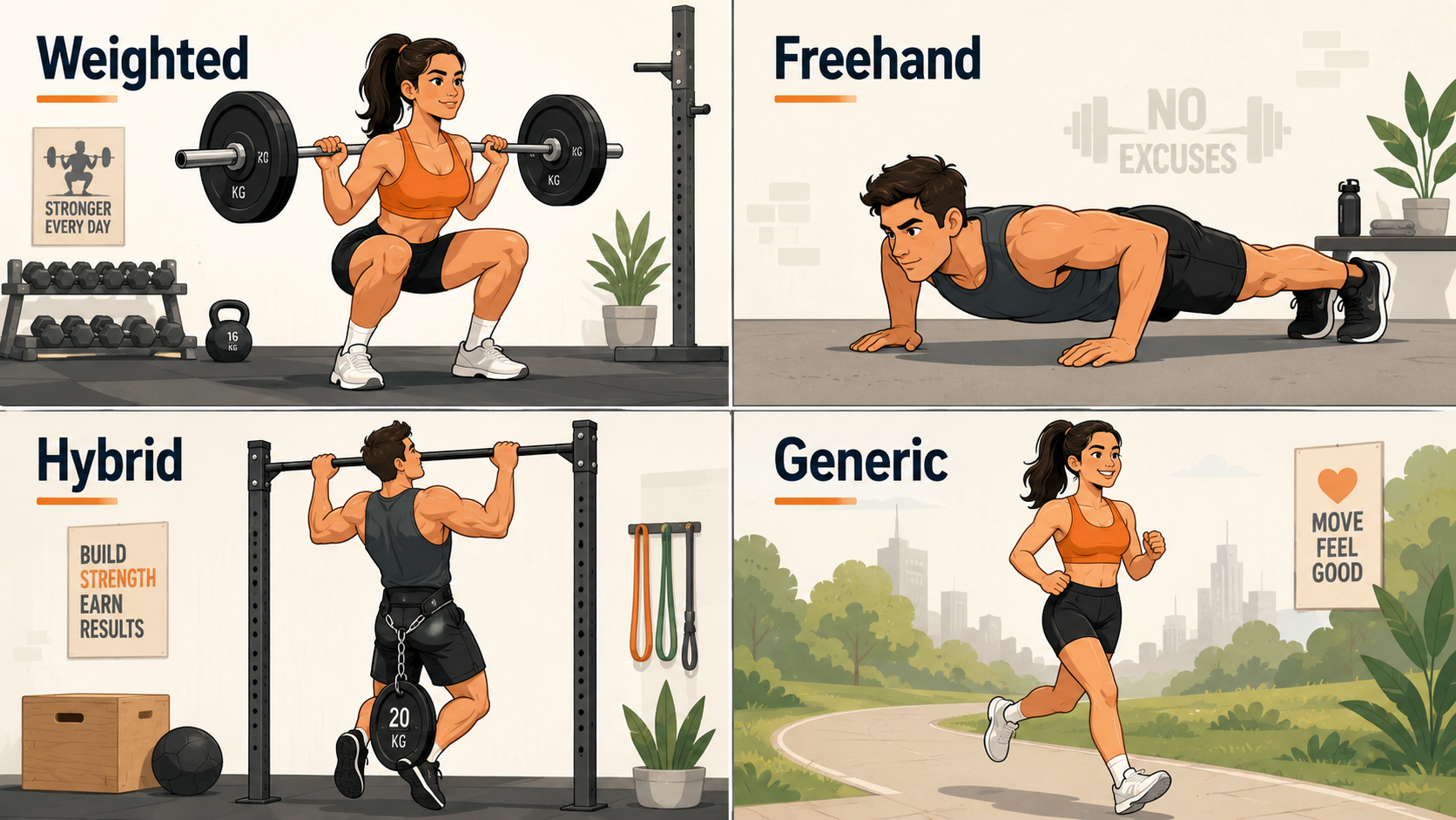 Four exercise categories: Weighted, Freehand, Hybrid, Generic